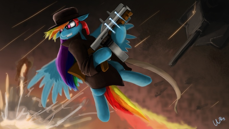 Size: 1600x900 | Tagged: artist:rublegun, derpibooru import, gun, rainbow dash, safe