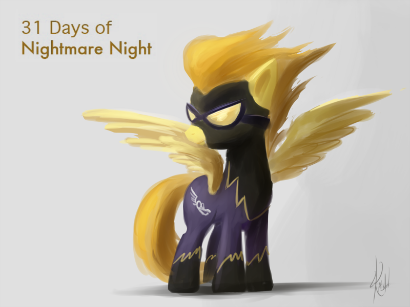Size: 800x600 | Tagged: safe, artist:raikoh, derpibooru import, spitfire, pegasus, pony, 31 days of nightmare night, clothes, costume, goggles, halloween, shadowbolts, shadowbolts costume, spread wings, wings
