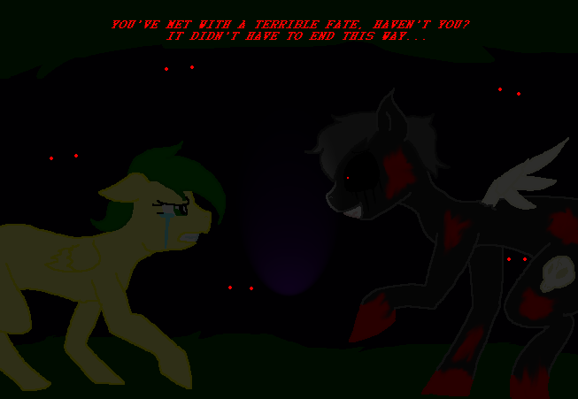 Size: 653x451 | Tagged: semi-grimdark, artist:veronaespada, derpibooru import, oc, oc:jade, unofficial characters only, pegasus, pony, zombie, crying, dark, edgy, eye contact, female, floppy ears, frown, glare, glowing eyes, grin, gritted teeth, looking at each other, male, mare, raised hoof, scared, smirk, spread wings, stallion, super filly adventure
