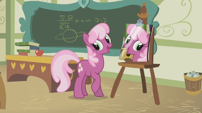 Size: 1280x720 | Tagged: safe, derpibooru import, cheerilee, earth pony, pony, chalkboard, cheerilee's clipboard meme, classroom, exploitable meme, female, looking back, mare, meme, mirror, ponyville schoolhouse, raised hoof, smiling, solo