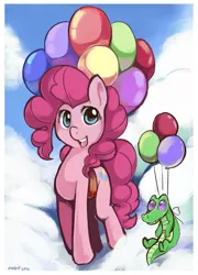 Size: 651x904 | Tagged: safe, artist:ende26, derpibooru import, gummy, pinkie pie, alligator, earth pony, pony, balloon, cloud, cloudy, female, flying, happy, mare, then watch her balloons lift her up to the sky