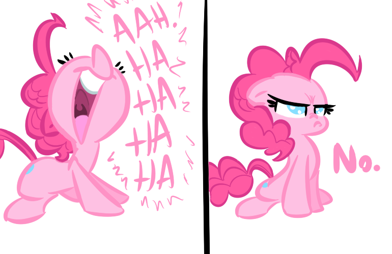 Size: 770x500 | Tagged: angry, artist:tess, cute, derpibooru import, floppy ears, frown, glare, grumpy, haha no, laughing, no, nose wrinkle, open mouth, pinkie pie, reaction image, safe, sitting, smiling, solo