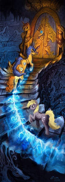 Size: 800x2210 | Tagged: safe, artist:ziom05, derpibooru import, carrot top, derpy hooves, golden harvest, oc, oc:windigo queen, pegasus, pony, windigo, derpy's and carrot top's journey, door, female, mare, stairs