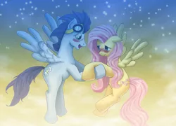 Size: 1398x1007 | Tagged: artist:dreamerswork, blushing, derpibooru import, female, fluttershy, male, safe, shipping, soarin', soarinshy, straight