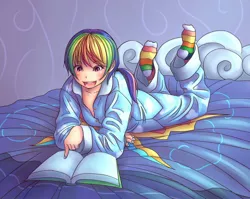 Size: 1380x1100 | Tagged: safe, artist:ninjaham, derpibooru import, rainbow dash, human, bed, blushing, book, clothes, cute, dashabetes, feet, humanized, nail polish, open mouth, pajamas, rainbow socks, socks, solo, striped socks