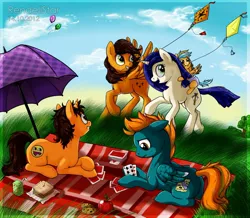 Size: 900x783 | Tagged: artist:rendellstar, a world renewed, derpibooru import, oc, oc:awesome smile, oc:crossbow sting, oc:random dash, oc:raven feather, oc:soft cloud, safe, unofficial characters only