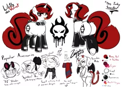 Size: 1767x1255 | Tagged: safe, artist:zajice, derpibooru import, oc, oc:lilith, unofficial characters only, succubus, bat wings, clothes, collar, cutie mark, devil, devil tail, female, freckles, latex, leggings, piercing, plot, reference sheet, scarf, spaded tail, stockings, tongue out, tongue piercing
