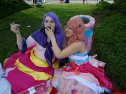 Size: 4608x3456 | Tagged: anime north, artist:zombiechococherry, cosplay, craft, cupcake, derpibooru import, food, human, irl, irl human, party cannon, photo, pinkie pie, rarity, safe