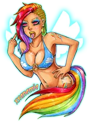 Size: 879x1200 | Tagged: armpits, artist:xxanemia, breasts, busty rainbow dash, covering, derpibooru import, earring, female, gangsta, humanized, piercing, rainbow dash, solo, solo female, suggestive, tailed humanization, traditional art