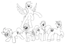 Size: 900x612 | Tagged: artist:raidho36, a world renewed, derpibooru import, monochrome, oc, oc:akrida, oc:awesome smile, oc:crossbow sting, oc:random dash, oc:subtle hooves, safe, unofficial characters only