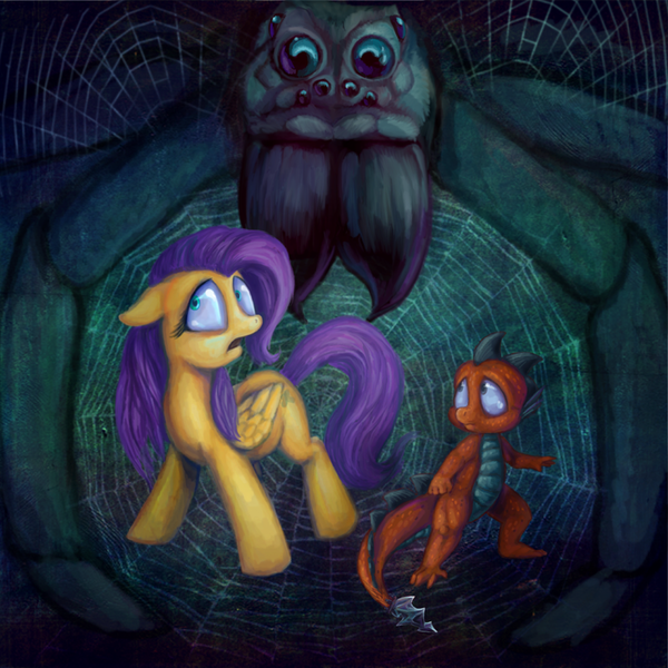 Size: 720x720 | Tagged: safe, artist:voodoo-tiki, derpibooru import, fluttershy, oc, acromantula, dragon, giant spider, pegasus, pony, spider, aragog, dragon oc, female, harry potter, image, male, mare, png, spider web, trio