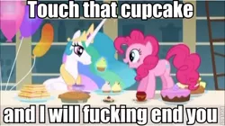 Size: 600x336 | Tagged: safe, derpibooru import, edit, edited screencap, screencap, pinkie pie, princess celestia, alicorn, earth pony, pony, a bird in the hoof, balloon, cake, caption, cup, cupcake, eyes on the prize, female, food, image macro, levitation, looking at something, magic, mare, open mouth, pie, puffy cheeks, roflbot, sandwich, smiling, table, teacup, telekinesis, this will end in banishment, this will end in tears and/or a journey to the moon, vulgar