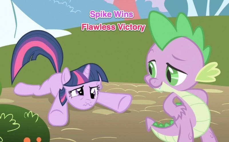 Size: 901x558 | Tagged: safe, derpibooru import, edit, edited screencap, screencap, spike, twilight sparkle, dragon, pony, unicorn, friendship is magic, caption, duo, female, male, mare, mortal kombat, pink text, purple text, unicorn twilight, wavy mouth