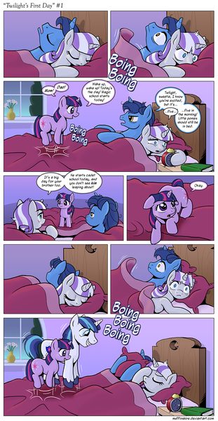 Size: 1200x2312 | Tagged: safe, artist:muffinshire, derpibooru import, night light, shining armor, twilight sparkle, twilight velvet, pony, unicorn, comic:twilight's first day, adorkable, alarm clock, bed, bed mane, bedroom, boing, bouncing, comic, cute, dialogue, dork, excited, eyes closed, facehoof, female, filly, hopping, it begins, male, mare, muffinshire is trying to murder us, nightvelvet, open mouth, pronking, shining adorable, sleeping, slice of life, smiling, sparkle family, stallion, twiabetes, unicorn twilight, younger