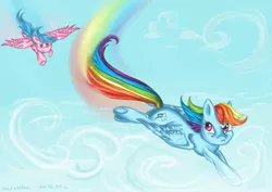 Size: 2092x1479 | Tagged: artist:matrosha123, dead source, derpibooru import, firefly, flying, g1, g1 to g4, generation leap, rainbow dash, safe