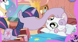 Size: 375x202 | Tagged: adventures in ponyville, are you frustrated?, derpibooru import, edit, go to sleep, princess celestia, safe, sweetie belle, twilight is a lion, twilight sparkle, wat