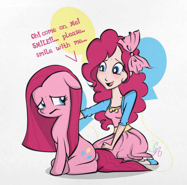 Size: 1024x1011 | Tagged: dead source, safe, artist:pa0oliitahw, derpibooru import, pinkie pie, earth pony, human, pony, clothes, dialogue, dress, duality, duo, duo female, female, human ponidox, humanized, mare, pinkamena diane pie, sad, self ponidox, shoes, text