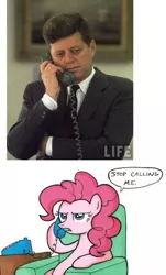 Size: 498x822 | Tagged: american presidents, chair, derpibooru import, human, irl, irl human, john f. kennedy, meme, phone, photo, pinkie pie, president, safe, speech bubble, stop calling me, telephone