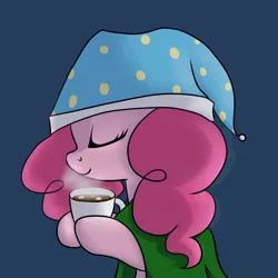 Size: 1000x1000 | Tagged: artist:maplesunrise, ask snuggle pie, blanket, cute, derpibooru import, diapinkes, eyes closed, hat, hot chocolate, nightcap, pinkie pie, profile, safe, solo