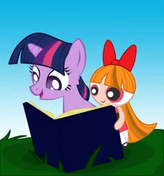 Size: 588x632 | Tagged: artist:vmkhappy-panda, blossom (powerpuff girls), book, crossover, derpibooru import, safe, the powerpuff girls, twilight sparkle