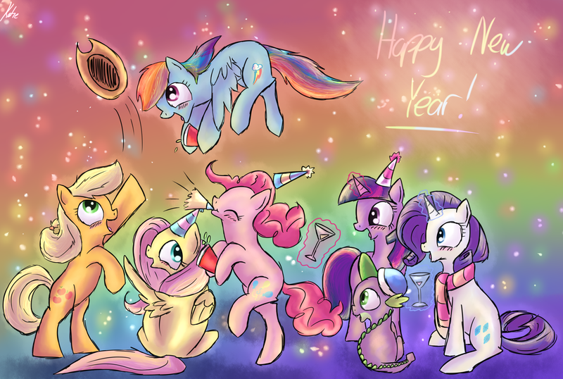 Size: 2200x1480 | Tagged: applejack, artist:nos-talgia, dead source, derpibooru import, drunk, drunk aj, drunker dash, drunkershy, drunkie pie, drunk rarity, drunk twilight, fluttershy, happy new year, mane seven, mane six, pinkie pie, rainbow dash, rarity, safe, spike, twilight sparkle