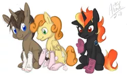 Size: 735x431 | Tagged: safe, artist:artsyalraune, derpibooru import, oc, oc:incendia, oc:jigsaw, oc:tiptoe, unofficial characters only, pegasus, pony, unicorn, fanfic, fanfic:antipodes, clothes, socks