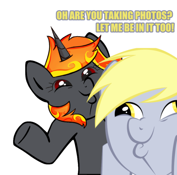 Size: 835x827 | Tagged: safe, derpibooru import, edit, derpy hooves, oc, oc:incendia, pegasus, pony, unicorn, fanfic, fanfic:antipodes, caption, dashface, female, image macro, looking at you, mare, meme, photobomb, recolor, shrug, shrugpony, simple background, transparent background