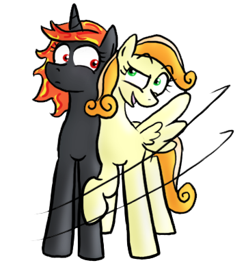 Size: 360x387 | Tagged: safe, derpibooru import, oc, oc:incendia, oc:tiptoe, unofficial characters only, pegasus, pony, unicorn, fanfic, fanfic:antipodes, female, lesbian, open mouth, raised eyebrow, raised hoof, shipping, smirk, spread wings, wide eyes