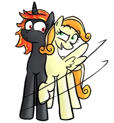 Size: 360x387 | Tagged: safe, derpibooru import, oc, oc:incendia, oc:tiptoe, unofficial characters only, pegasus, pony, unicorn, fanfic, fanfic:antipodes, female, lesbian, open mouth, raised eyebrow, raised hoof, shipping, smirk, spread wings, wide eyes