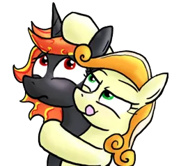 Size: 452x431 | Tagged: safe, derpibooru import, oc, oc:incendia, oc:tiptoe, unofficial characters only, pegasus, pony, unicorn, fanfic, fanfic:antipodes, blushing, female, lesbian, shipping