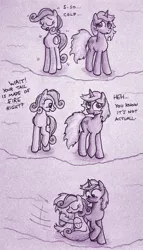 Size: 534x934 | Tagged: safe, artist:paper-pony, derpibooru import, oc, oc:incendia, oc:tiptoe, unofficial characters only, pegasus, pony, unicorn, fanfic, fanfic:antipodes, blushing, comic, cute, female, hug, lesbian, shipping, traditional art
