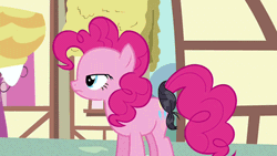 Size: 500x281 | Tagged: safe, derpibooru import, screencap, pinkie pie, pony, a friend in deed, animated, bipedal, plot, solo, toupee