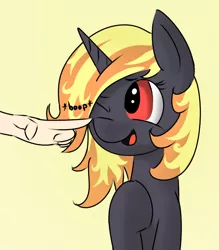 Size: 572x652 | Tagged: safe, artist:phon-e, derpibooru import, oc, oc:incendia, unofficial characters only, human, pony, unicorn, fanfic, fanfic:antipodes, boop, cute, female, hair over one eye, hand, mare, one eye closed, open mouth, simple background, smiling, wink, yellow background