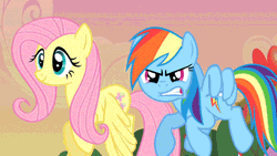 Size: 460x259 | Tagged: animated, derpibooru import, floating, fluttershy, gritted teeth, rainbow dash, safe, screencap, solo focus, the super speedy cider squeezy 6000, zoomed in