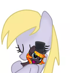 Size: 708x738 | Tagged: safe, derpibooru import, edit, derpy hooves, oc, oc:incendia, pony, unicorn, fanfic, fanfic:antipodes, cute, filly, hat, hug, top hat