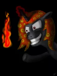 Size: 1500x2000 | Tagged: safe, artist:krellyan, derpibooru import, oc, oc:incendia, unofficial characters only, pony, unicorn, fanfic, fanfic:antipodes, fire, insanity, solo