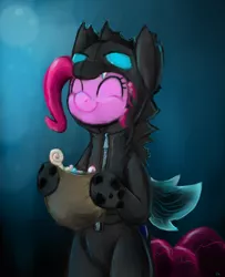 Size: 2600x3200 | Tagged: dead source, safe, artist:gordonfreeguy, derpibooru import, doomie, pinkie pie, changeling, pony, bipedal, bodysuit, candy, costume, cute, diapinkes, eyes closed, halloween, holiday, hoof hold, nightmare night, smiling, solo, zipper