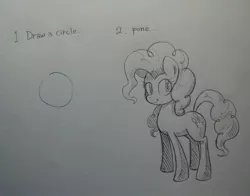 Size: 1139x894 | Tagged: artist:discommunicator, derpibooru import, first you draw a circle, how to draw, how to draw an owl meme, ironic tutorial, monochrome, pencil drawing, pinkie pie, pone, safe, traditional art, tutorial