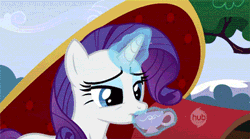Size: 400x222 | Tagged: animated, cup, derpibooru import, duo, fainting couch, food, hub logo, lesson zero, messy mane, puffy cheeks, rarity, safe, screencap, spit take, spitting, tea, teacup, teleportation, twilight sparkle