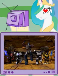 Size: 771x1001 | Tagged: safe, derpibooru import, princess celestia, pony, princess molestia, bumblebee, exploitable meme, gangnam style, ironhide, jazz, meme, optimus prime, parody, prowl, transformers, tv meme