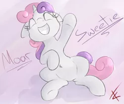 Size: 934x779 | Tagged: artist:crade, belly button, derpibooru import, eyes closed, floppy ears, happy, moar, raised leg, safe, smiling, sweetie belle, underhoof