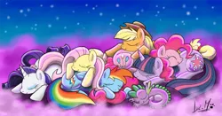 Size: 850x447 | Tagged: applejack, artist:chocolatechilla, cuddle puddle, derpibooru import, fluttershy, mane six, pinkie pie, rainbow dash, rarity, safe, sleeping, spike, twilight sparkle