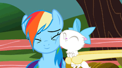 Size: 853x480 | Tagged: safe, derpibooru import, edit, edited screencap, screencap, fluttershy, mitsy, rainbow dash, cat, may the best pet win, animated, cute, dashabetes, eyes closed, inverted mouth, loop, nuzzling, offscreen character, smiling, snuggling, squishy cheeks