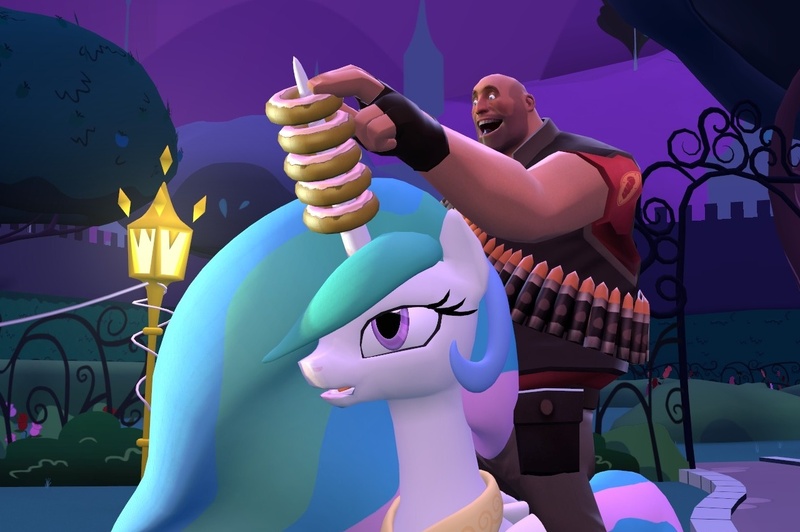 Size: 1280x851 | Tagged: artist:i-disregard-gravity, crossover, derpibooru import, donut, gmod, heavy, horn grab, princess celestia, safe, team fortress 2