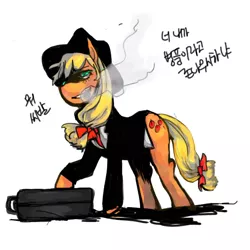 Size: 600x600 | Tagged: applejack, artist:sjui00, badass, clothes, derpibooru import, korean, mafia, mafia applejack, safe, smoking, suit, translated in the comments, vulgar