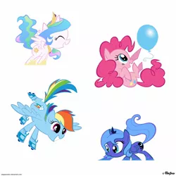 Size: 1500x1500 | Tagged: safe, artist:olegsavoskin, derpibooru import, pinkie pie, princess celestia, princess luna, rainbow dash, pony, balloon, cewestia, cute, cutelestia, filly, simple background, woona