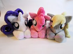 Size: 900x675 | Tagged: artist needed, safe, derpibooru import, derpy hooves, fluttershy, pinkie pie, pegasus, pony, beanie (plushie), female, irl, mare, photo, plushie