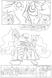 Size: 900x1341 | Tagged: applejack, artist:kidkaizer, blushing, comic, derpibooru import, fluttershy, human, lineart, mane six, monochrome, oc, oc:anon, panting, pinkie pie, plot sandwich, princess celestia, princess luna, rainbow dash, rarity, suggestive, sweat, twilight sparkle