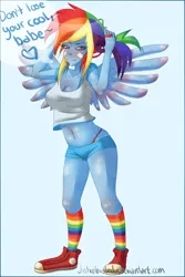 Size: 900x1350 | Tagged: anthro, artist:justicebustedus, belly button, breasts, clothes, dead source, derpibooru import, female, human facial structure, midriff, panties, rainbow dash, rainbow socks, socks, solo, solo female, striped socks, suggestive, thong, underwear
