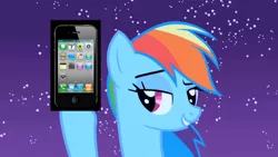 Size: 640x360 | Tagged: apple (company), derpibooru import, edit, edited screencap, ios, iphone, mobile phone, night, owl's well that ends well, phone, rainbow dash, safe, screencap, smartphone, solo, stars